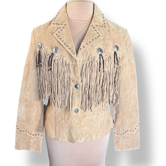 Vintage 90s Scully Tan Suede Fringe Jacket Western Concho Studded Leather Medium - Picture 1 of 16